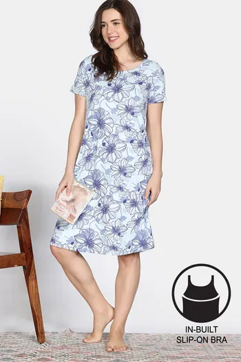 Buy Zivame Nature Trails Knit Cotton Knee Length Nightdress - Delicate Blue